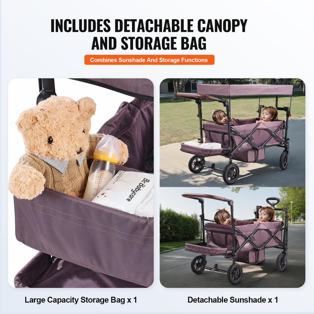 Wagon Stroller For 2 Kids, Push Pull Quad Collapsible Stroller With Adjustable Handle, Encircling Harness Removable Canopy,4 Wheels W/ Brakes,Mutifunction Tandem Stroller For Camping Dark Purple